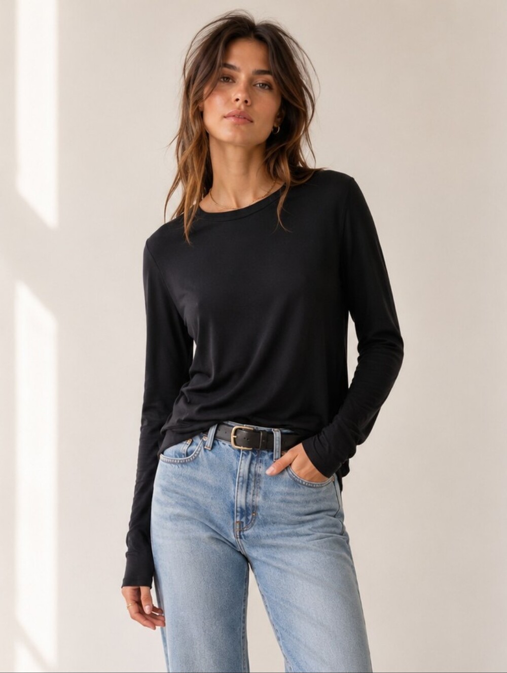 Theory Ailer ST Lilou Jersey Black Pima Cotton Modal Long Sleeve Top L